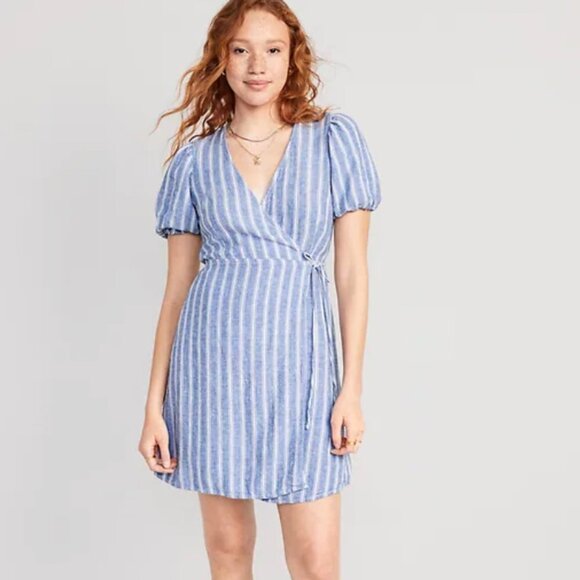 NWT Black Old Navy Linen Blend True Wrap Mini Dress with Puff Sleeves - Picture 2 of 7